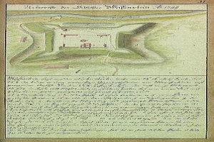 Ein altes Stadtplan von Stuttgart, Deutschland, mit einer zentralen Illustration einer Burg und beschreibendem Text über ihre Gröüe, Lage und Merkmale.