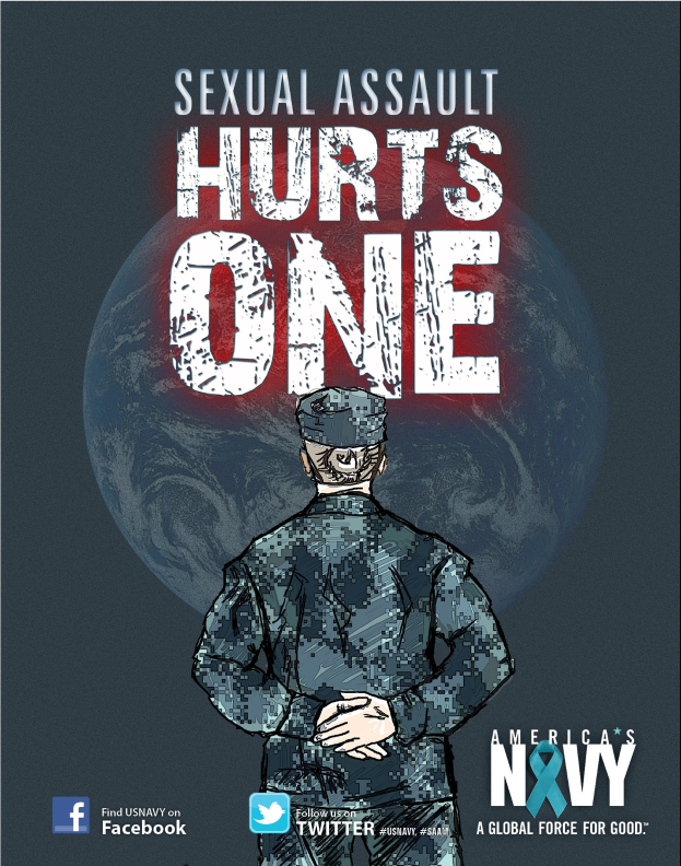 Ein Plakat mit einer Person in militärischer Uniform in der Mitte, umgeben von Logos und fetter schwarzer Schrift, die "Sexual Assault Hurts One" lautet und eine Botschaft von Stärke und Resilienz vermittelt.