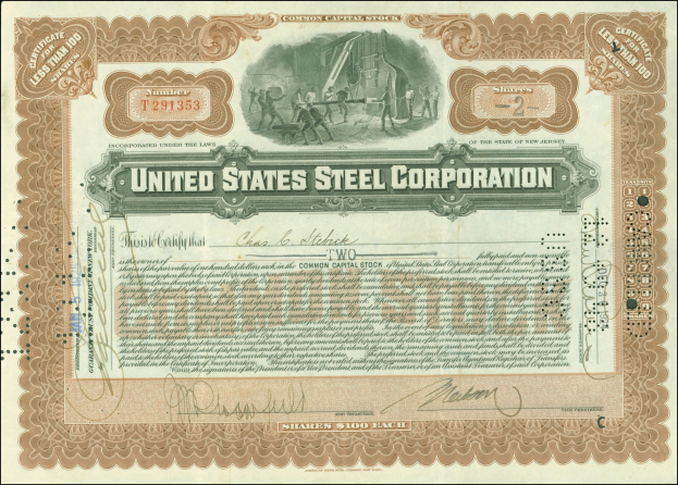 Rahmener United States Steel Corporation Aktienzertifikat mit goldenem Siegel, Text "United States Steel Corp.", zentrales Porträt eines Mannes im Anzug und hellblauem Hintergrund.