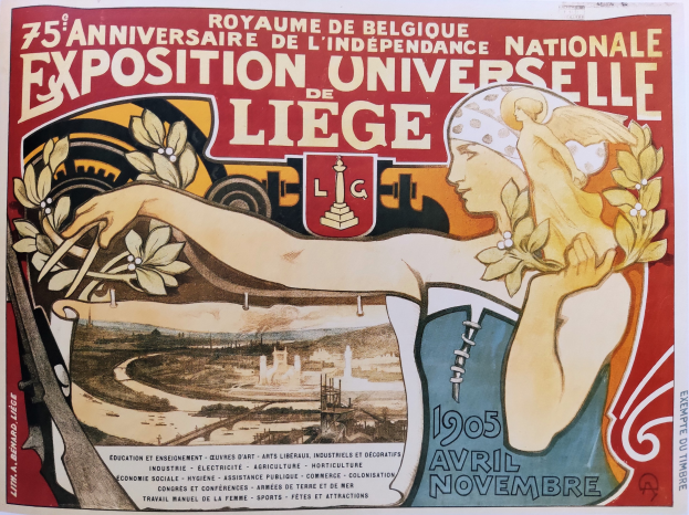 Plakat zum 75-jährigen Jubiläum der Nationalen Ausstellung Universelle de Liège, das eine Frau mit Blumenstraßus zeigt und Text zur Beschreibung des Ereignisses.