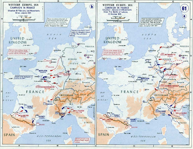 Ein historisches Poster mit einer Karte von Europa während der Schlacht von Leipzig, unterteilt in Abschnitte für Europa und Frankreich, mit nummerierten Regionen und beschrifteten geographischen Merkmalen.