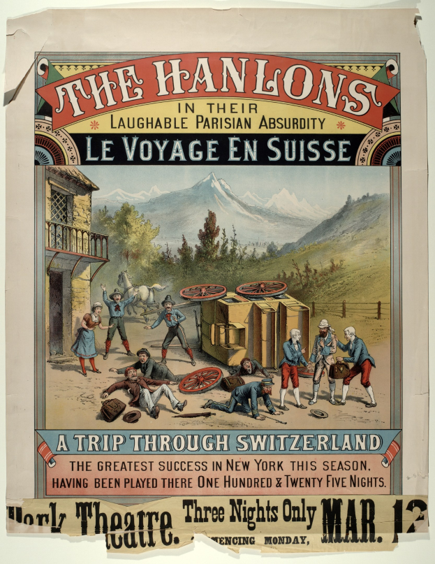 Plakat, das "Hanlons in ihrer lachhaften Pariser Absurdität Le Voyage en Suisse" ankündigt, zeigt eine Gruppe von Menschen, ein Gebäude, Bäume, Hügel und Himmel mit Text auf dem Plakat.