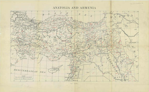 Detailierte Landkarte von Anatolien und Armenien auf Papier mit begleitendem Text über die Region und ihre Bewohner.